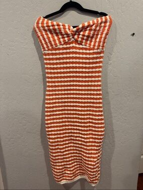 Orange & White Strapless Knit Midi Dress